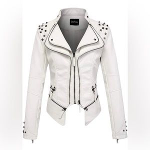 chouyatou Women's Fashion Studded Perfectly Shaping Faux Leather Biker Jacket
